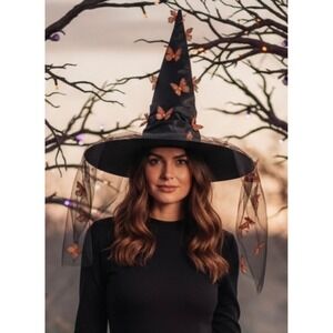 NEW Black Witch Hat with Orange‎ Butterflies and Tulle Veil for Halloween
